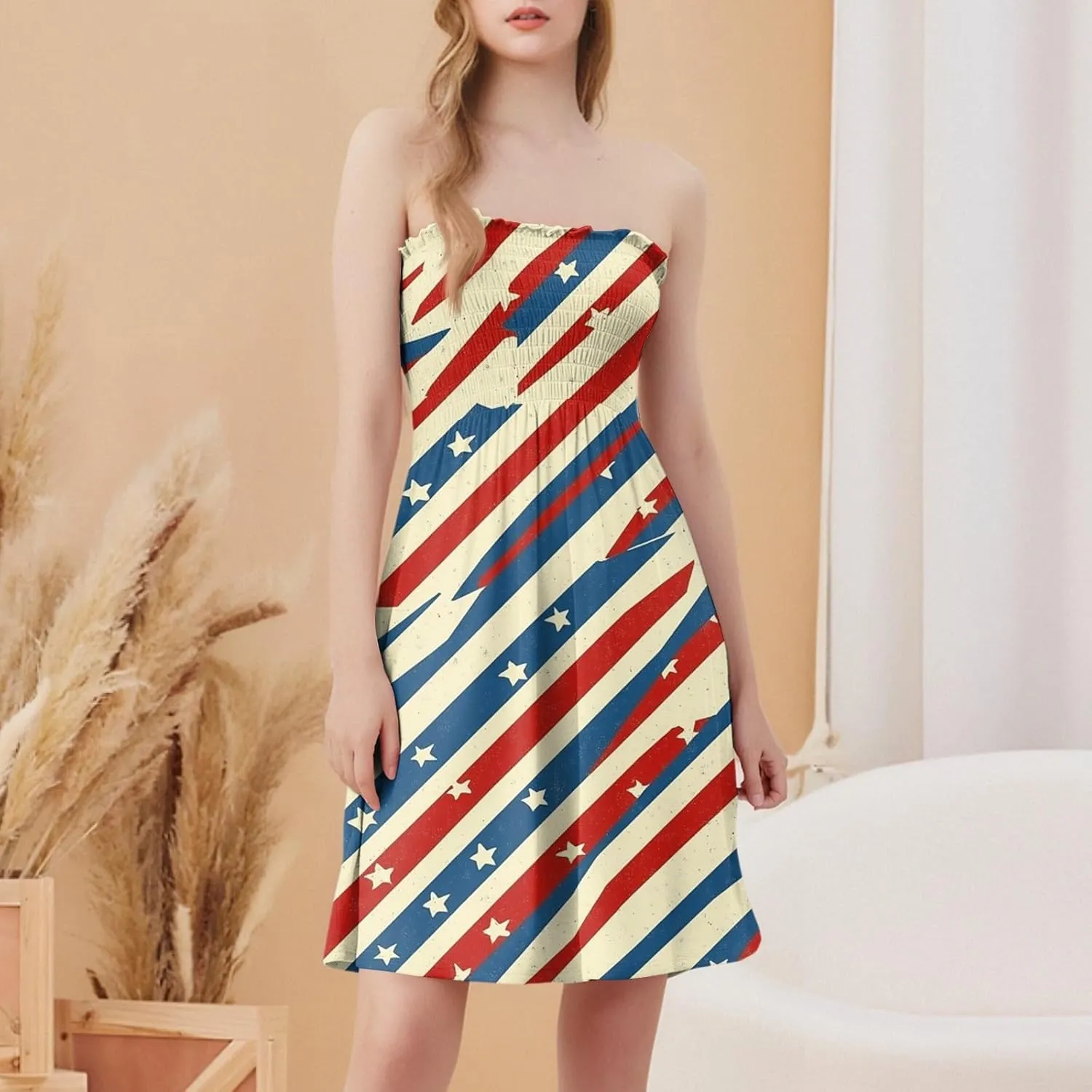 Women's 4th of July American Flag Printed Sheath Patriotic Dress Mini A-line Strapless Beach Sundress