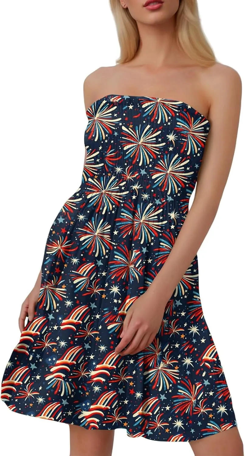 Women's 4th of July American Flag Printed Sheath Patriotic Dress Mini A-line Strapless Beach Sundress