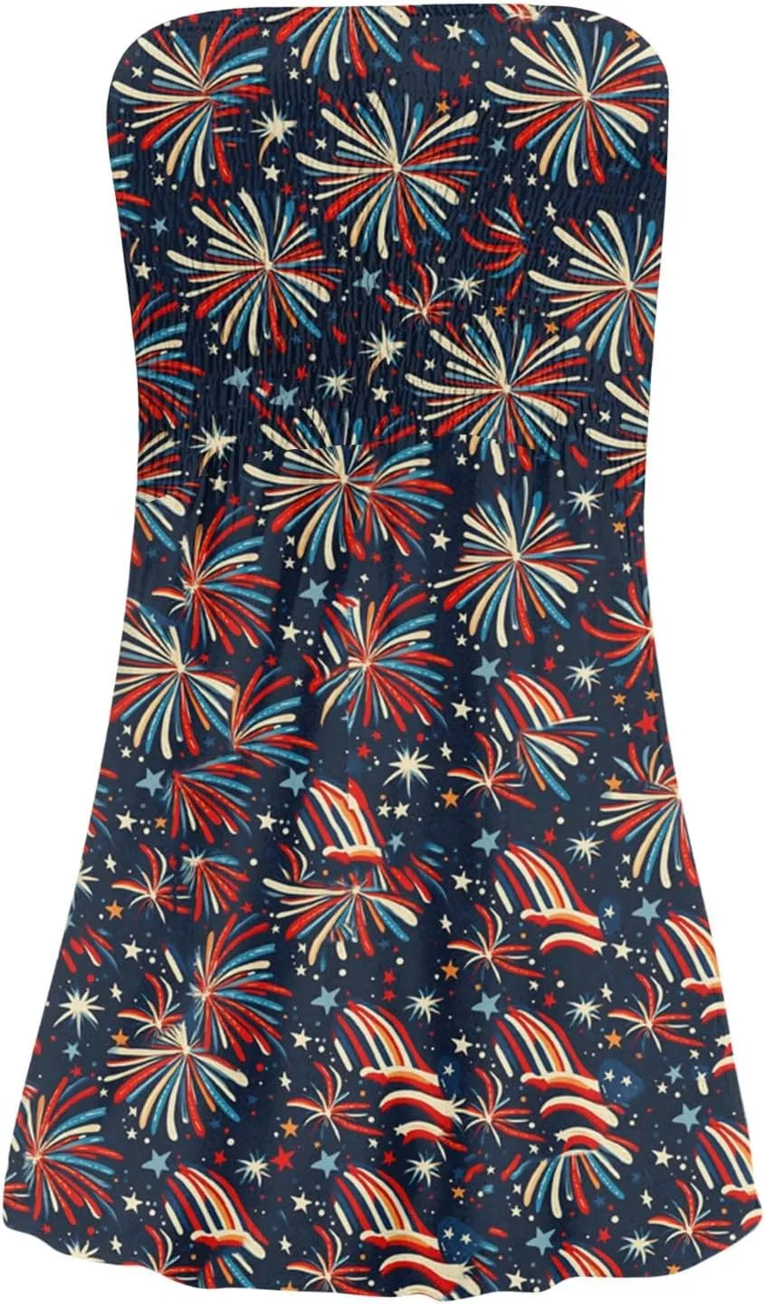 Women's 4th of July American Flag Printed Sheath Patriotic Dress Mini A-line Strapless Beach Sundress