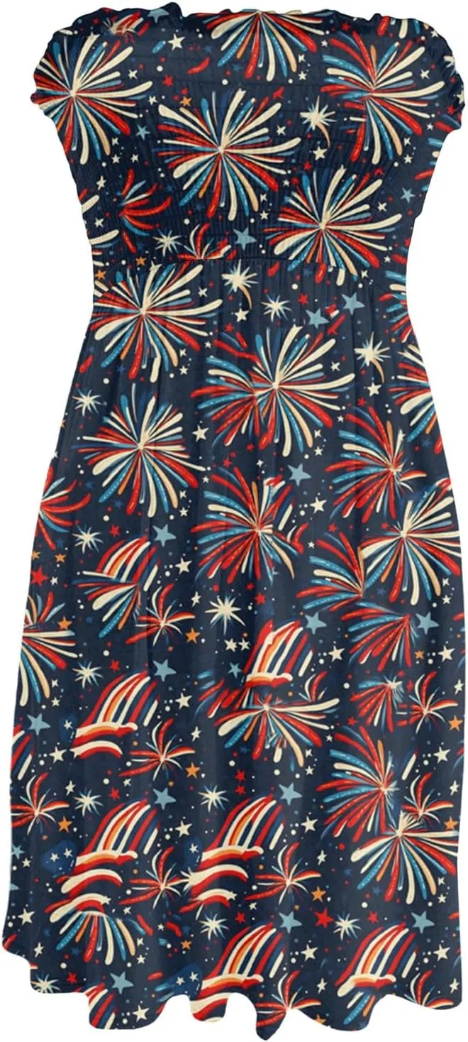 Women's 4th of July American Flag Printed Sheath Patriotic Dress Mini A-line Strapless Beach Sundress