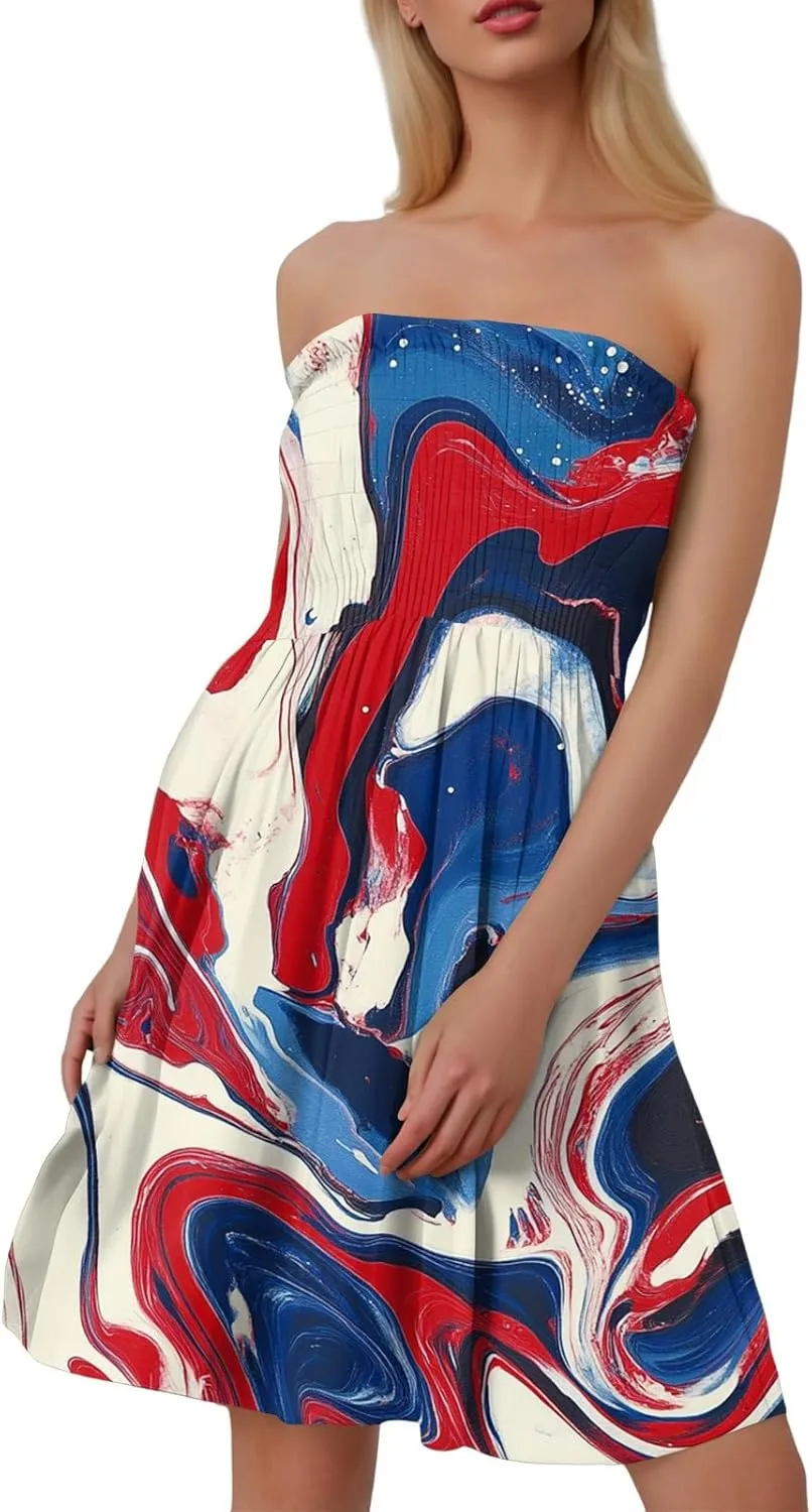 Women's 4th of July American Flag Printed Sheath Patriotic Dress Mini A-line Strapless Beach Sundress