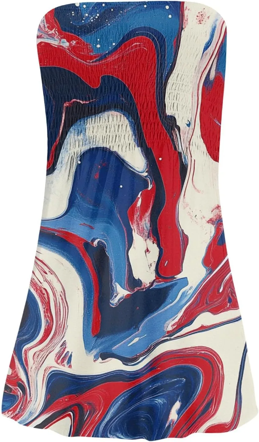Women's 4th of July American Flag Printed Sheath Patriotic Dress Mini A-line Strapless Beach Sundress