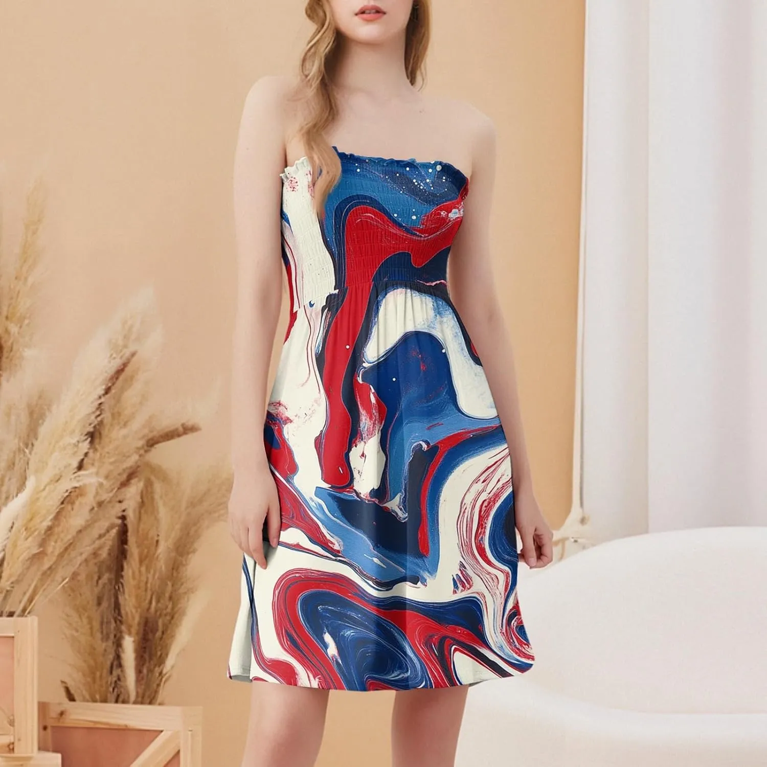 Women's 4th of July American Flag Printed Sheath Patriotic Dress Mini A-line Strapless Beach Sundress