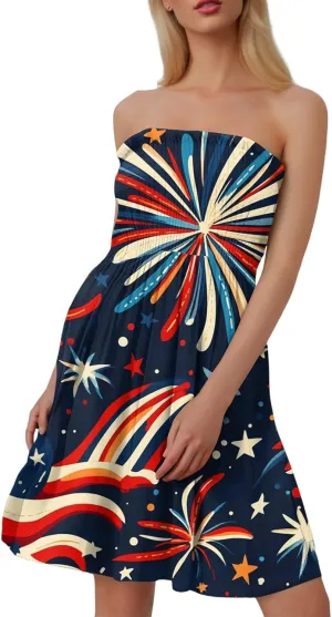 Women's 4th of July American Flag Printed Sheath Patriotic Dress Mini A-line Strapless Beach Sundress