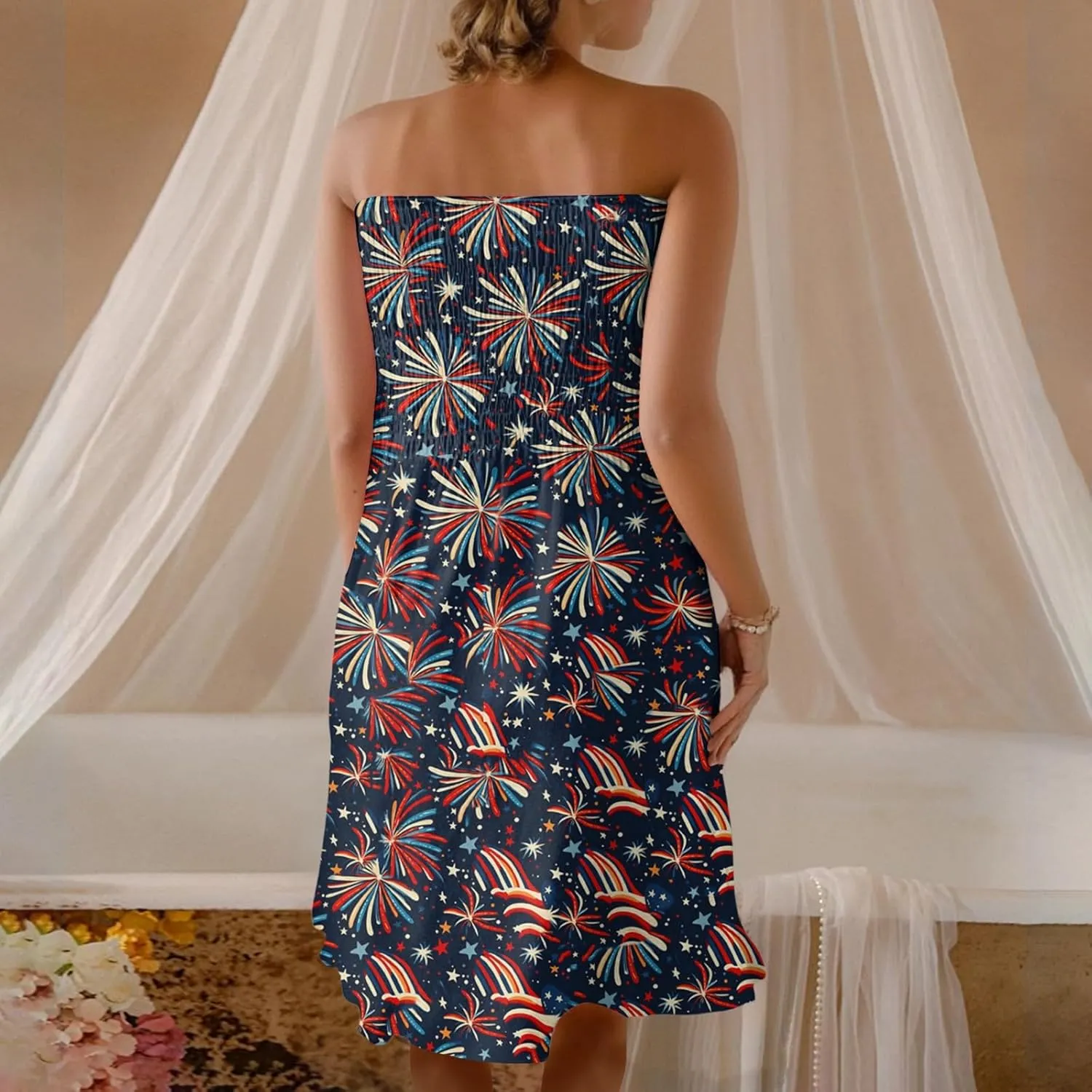 Women's 4th of July American Flag Printed Sheath Patriotic Dress Mini A-line Strapless Beach Sundress