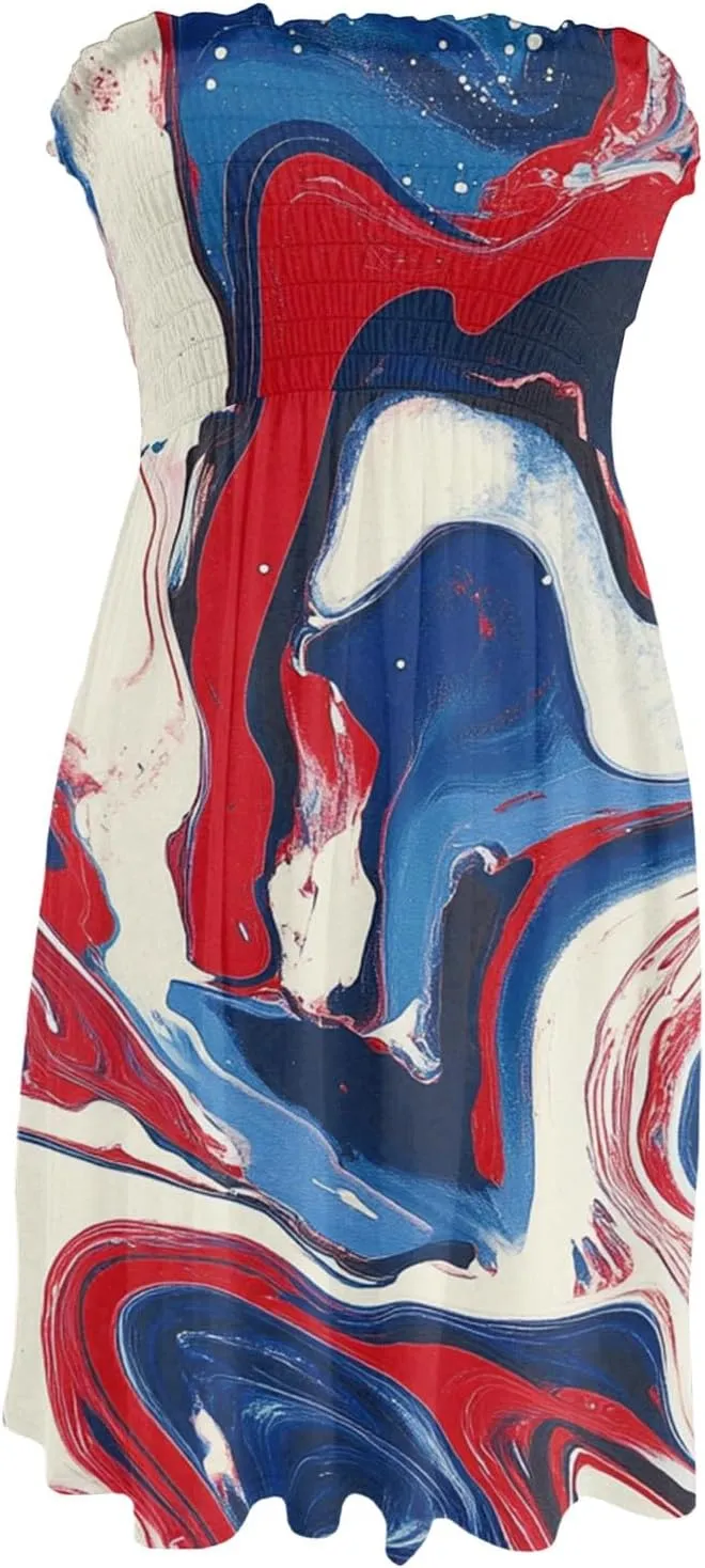Women's 4th of July American Flag Printed Sheath Patriotic Dress Mini A-line Strapless Beach Sundress