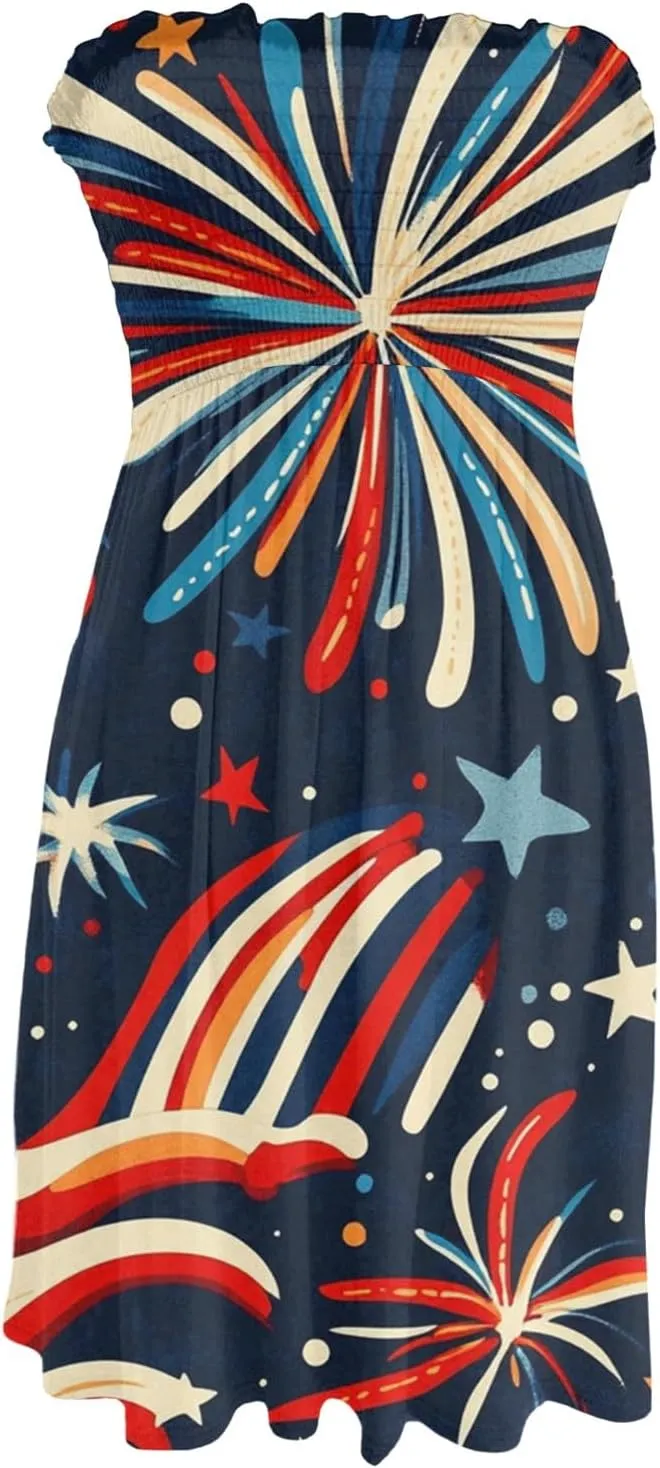 Women's 4th of July American Flag Printed Sheath Patriotic Dress Mini A-line Strapless Beach Sundress