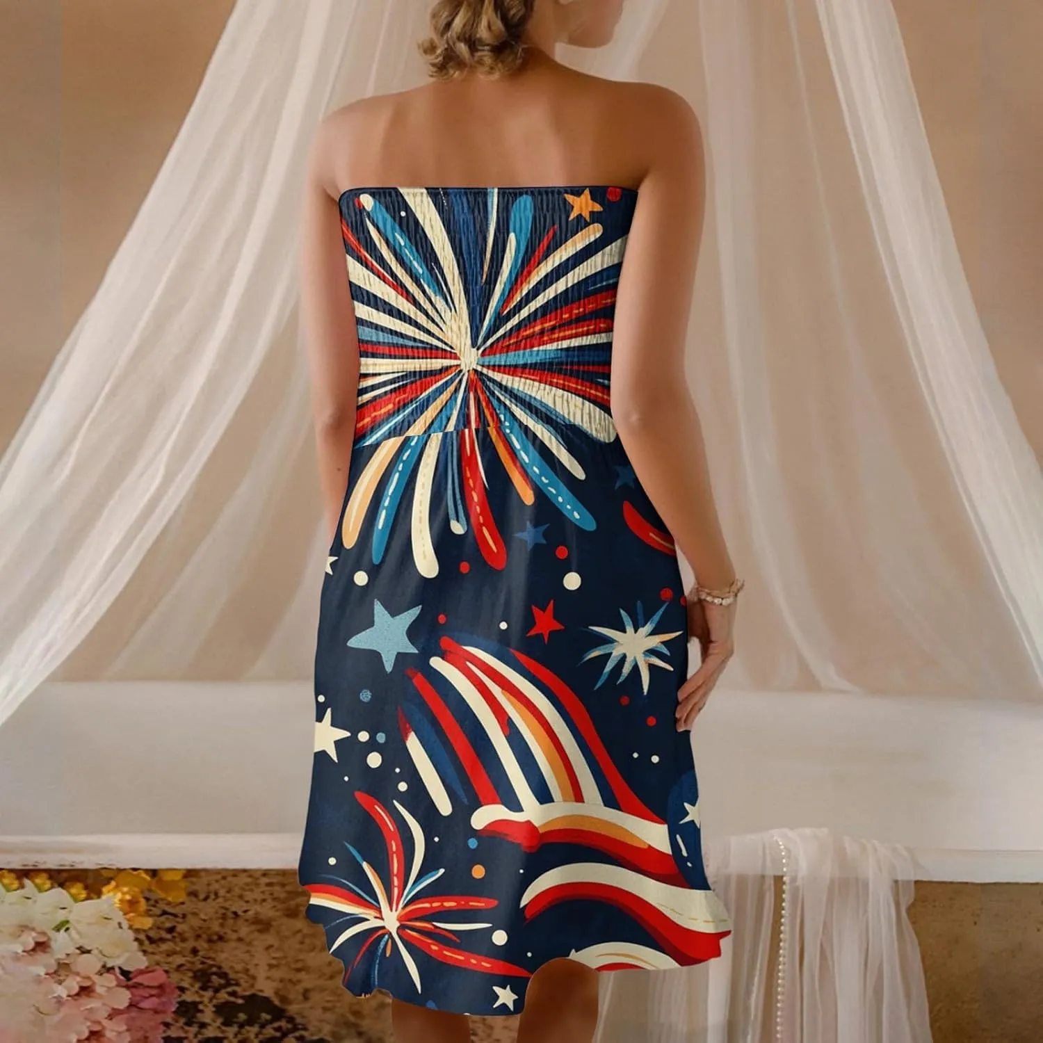 Women's 4th of July American Flag Printed Sheath Patriotic Dress Mini A-line Strapless Beach Sundress