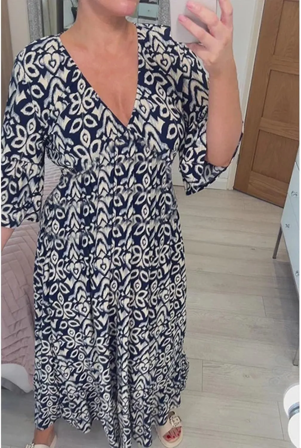 Womens Boho Dresses Trendy V Neck 3/4 Sleeve Maxi Dress Casual Loose FIt Floral Printed Ruffle Hem Beach Sundress