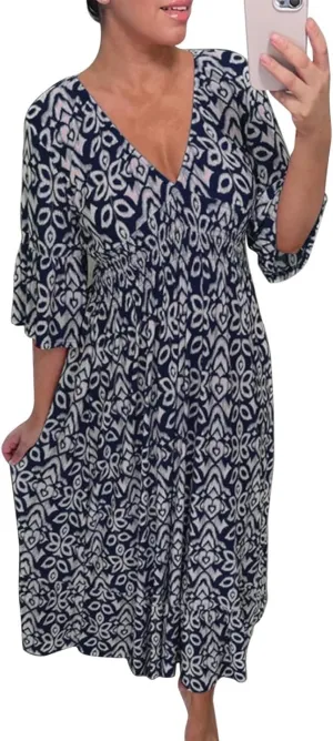 Womens Boho Dresses Trendy V Neck 3/4 Sleeve Maxi Dress Casual Loose FIt Floral Printed Ruffle Hem Beach Sundress