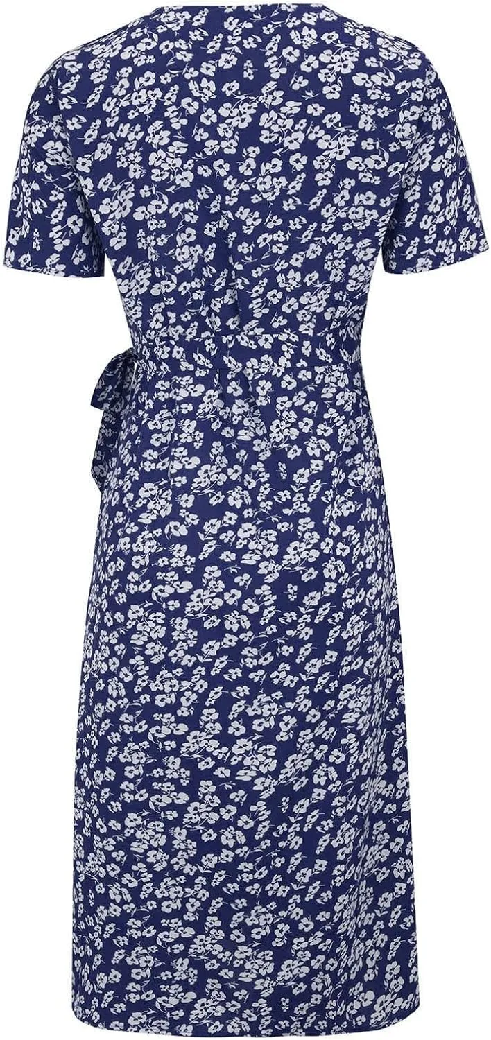 Womens Boho Floral Printed Chiffon Tiered Flowy Dresses Elegant V Neck Belted Summer Wedding Prom Cocktail Midi Dress