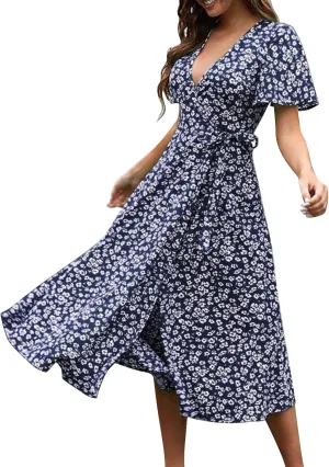 Womens Boho Floral Printed Chiffon Tiered Flowy Dresses Elegant V Neck Belted Summer Wedding Prom Cocktail Midi Dress