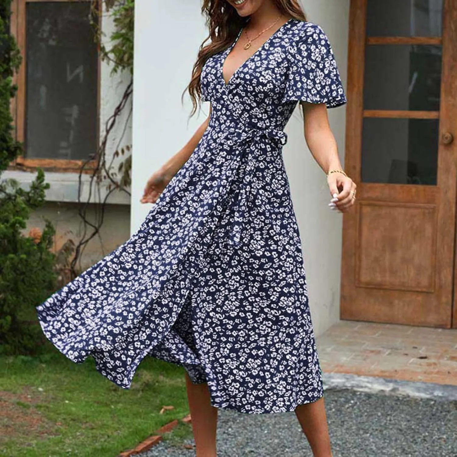 Womens Boho Floral Printed Chiffon Tiered Flowy Dresses Elegant V Neck Belted Summer Wedding Prom Cocktail Midi Dress