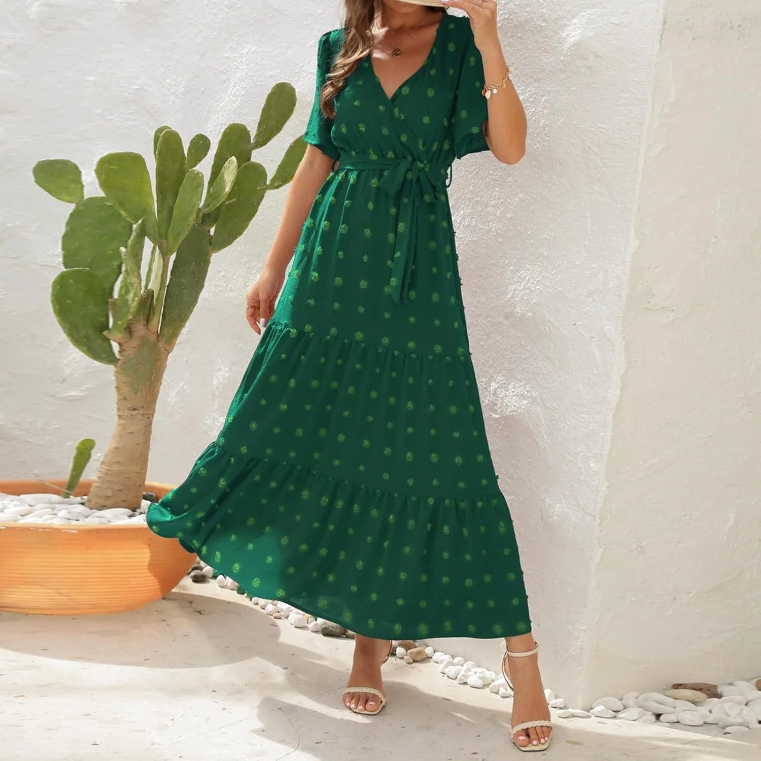Womens Boho Swiss Dot Maxi Dresses Summer Wrap V Neck Flutter Short Sleeve Tie Belt A Line Tiered Flowy Long Dress