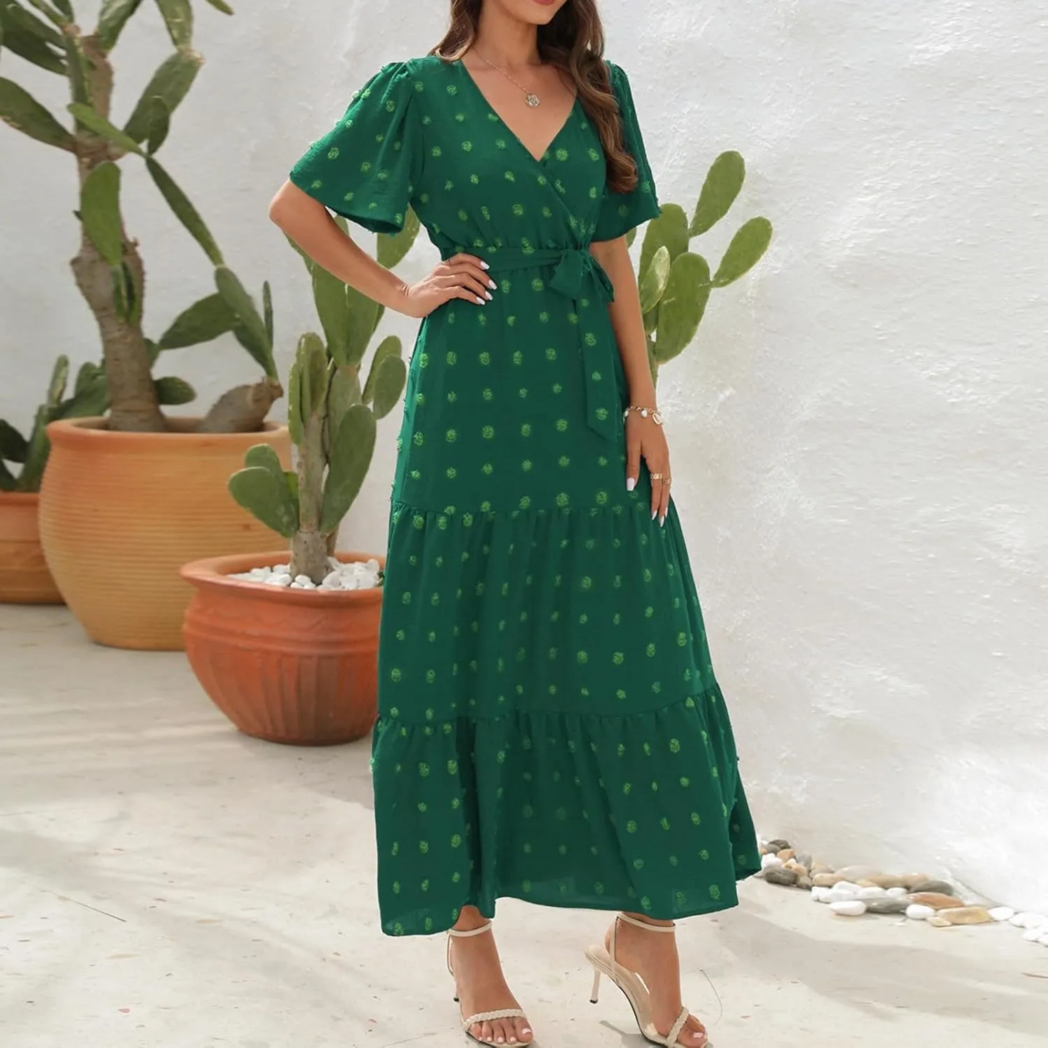 Womens Boho Swiss Dot Maxi Dresses Summer Wrap V Neck Flutter Short Sleeve Tie Belt A Line Tiered Flowy Long Dress