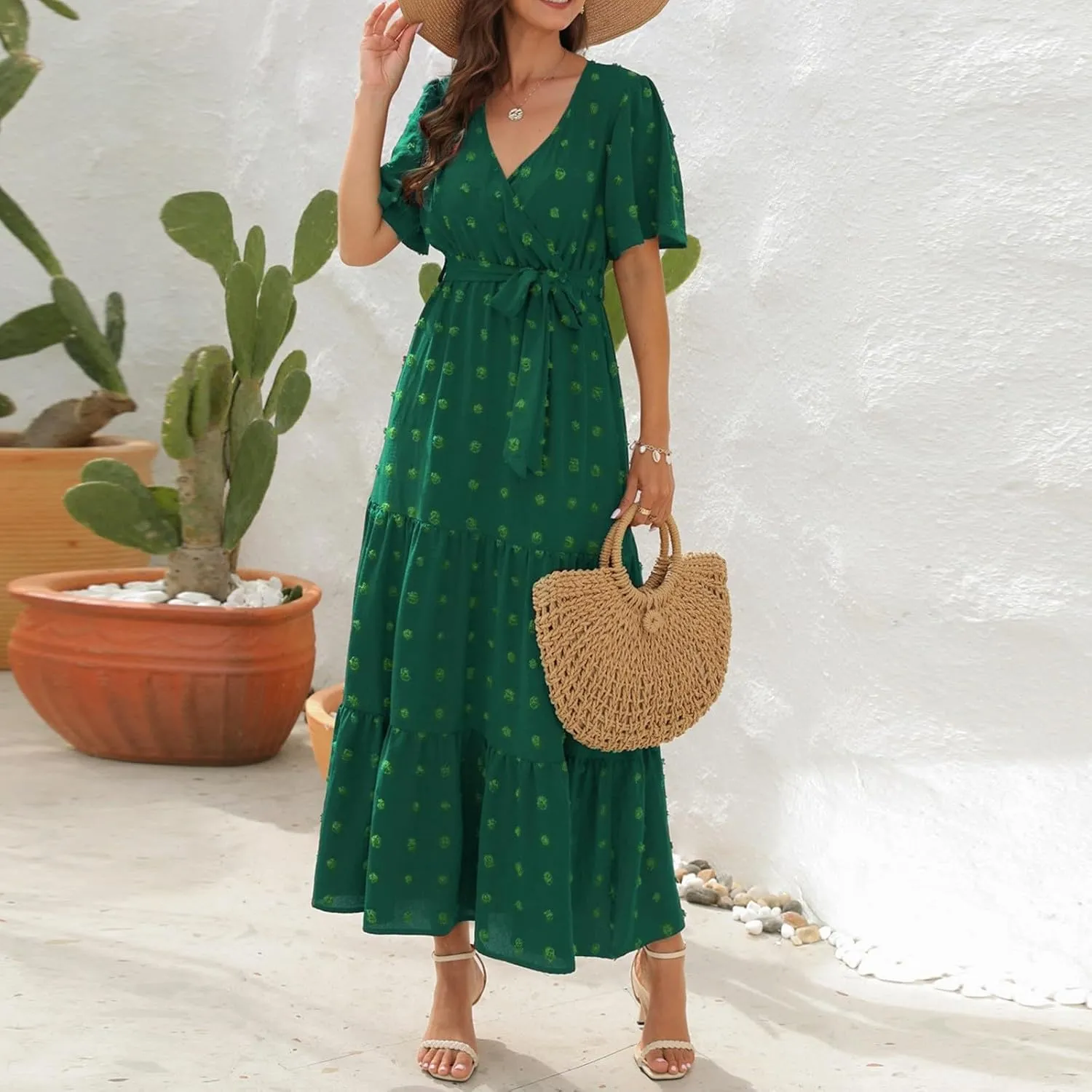 Womens Boho Swiss Dot Maxi Dresses Summer Wrap V Neck Flutter Short Sleeve Tie Belt A Line Tiered Flowy Long Dress