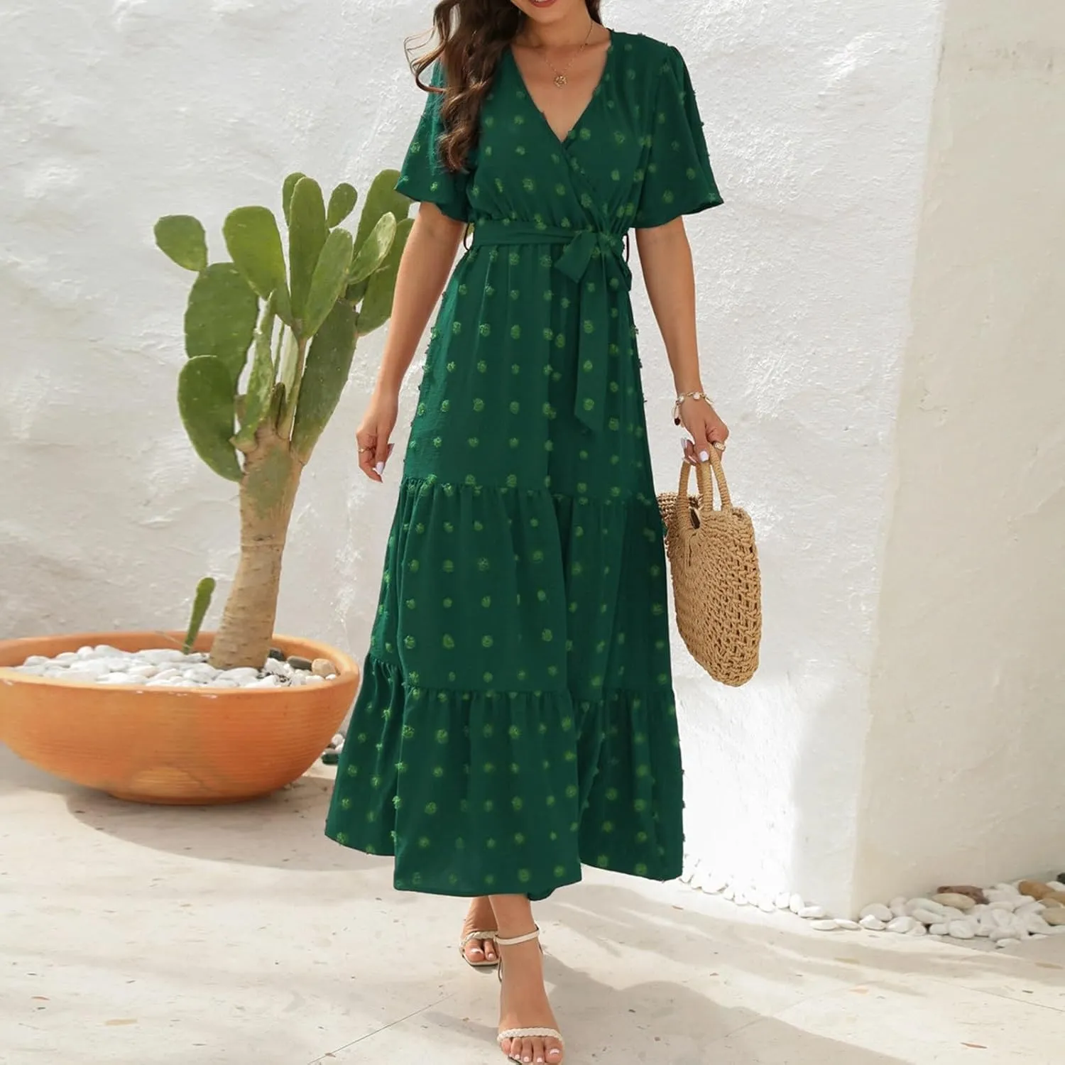 Womens Boho Swiss Dot Maxi Dresses Summer Wrap V Neck Flutter Short Sleeve Tie Belt A Line Tiered Flowy Long Dress