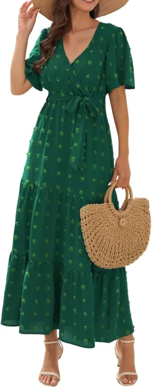 Womens Boho Swiss Dot Maxi Dresses Summer Wrap V Neck Flutter Short Sleeve Tie Belt A Line Tiered Flowy Long Dress