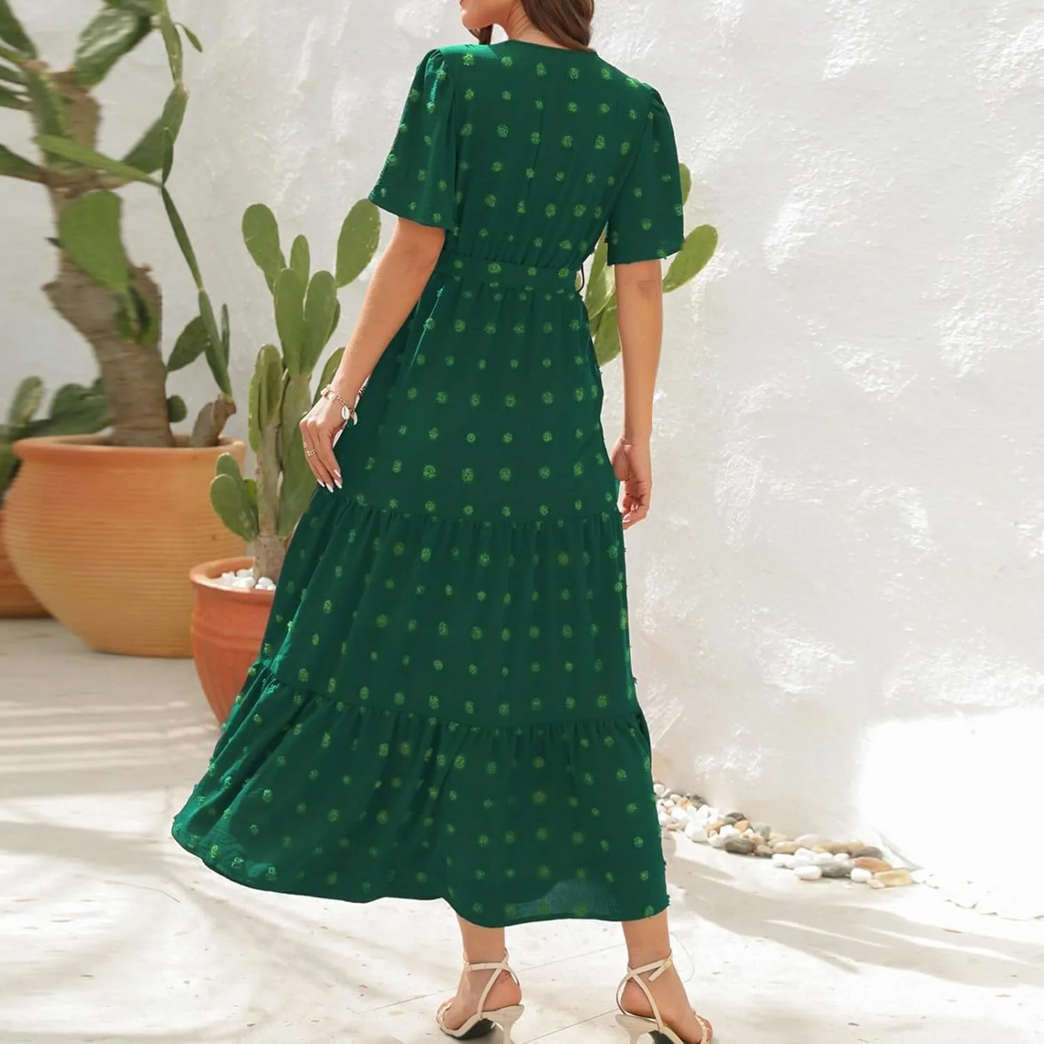 Womens Boho Swiss Dot Maxi Dresses Summer Wrap V Neck Flutter Short Sleeve Tie Belt A Line Tiered Flowy Long Dress