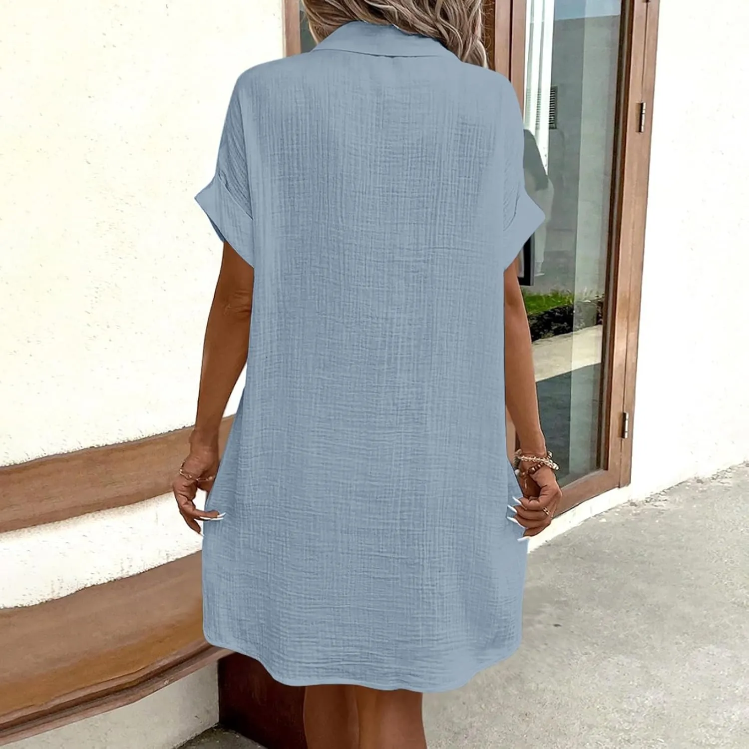 Womens Button Down Shirt Dress Summer Cotton Linen V-Neck Mini Dress Casual Short Sleeve Loose Tunic Dresses