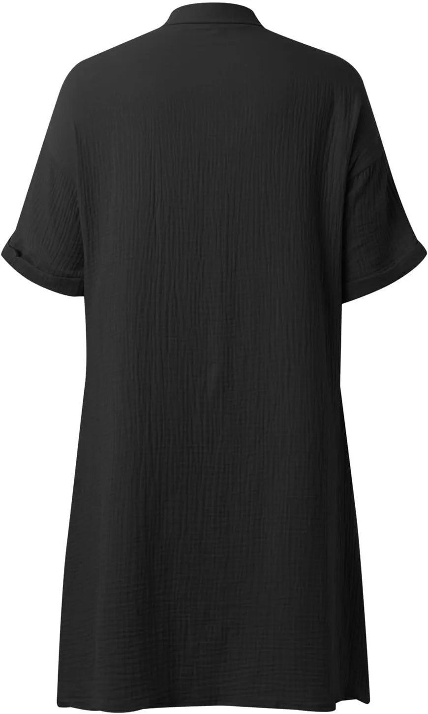 Womens Button Down Shirt Dress Summer Cotton Linen V-Neck Mini Dress Casual Short Sleeve Loose Tunic Dresses