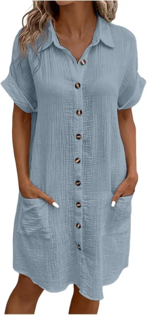 Womens Button Down Shirt Dress Summer Cotton Linen V-Neck Mini Dress Casual Short Sleeve Loose Tunic Dresses