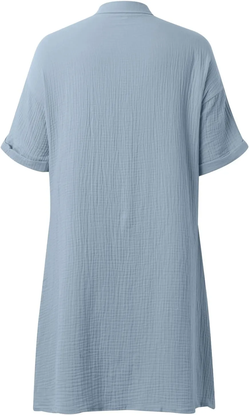 Womens Button Down Shirt Dress Summer Cotton Linen V-Neck Mini Dress Casual Short Sleeve Loose Tunic Dresses