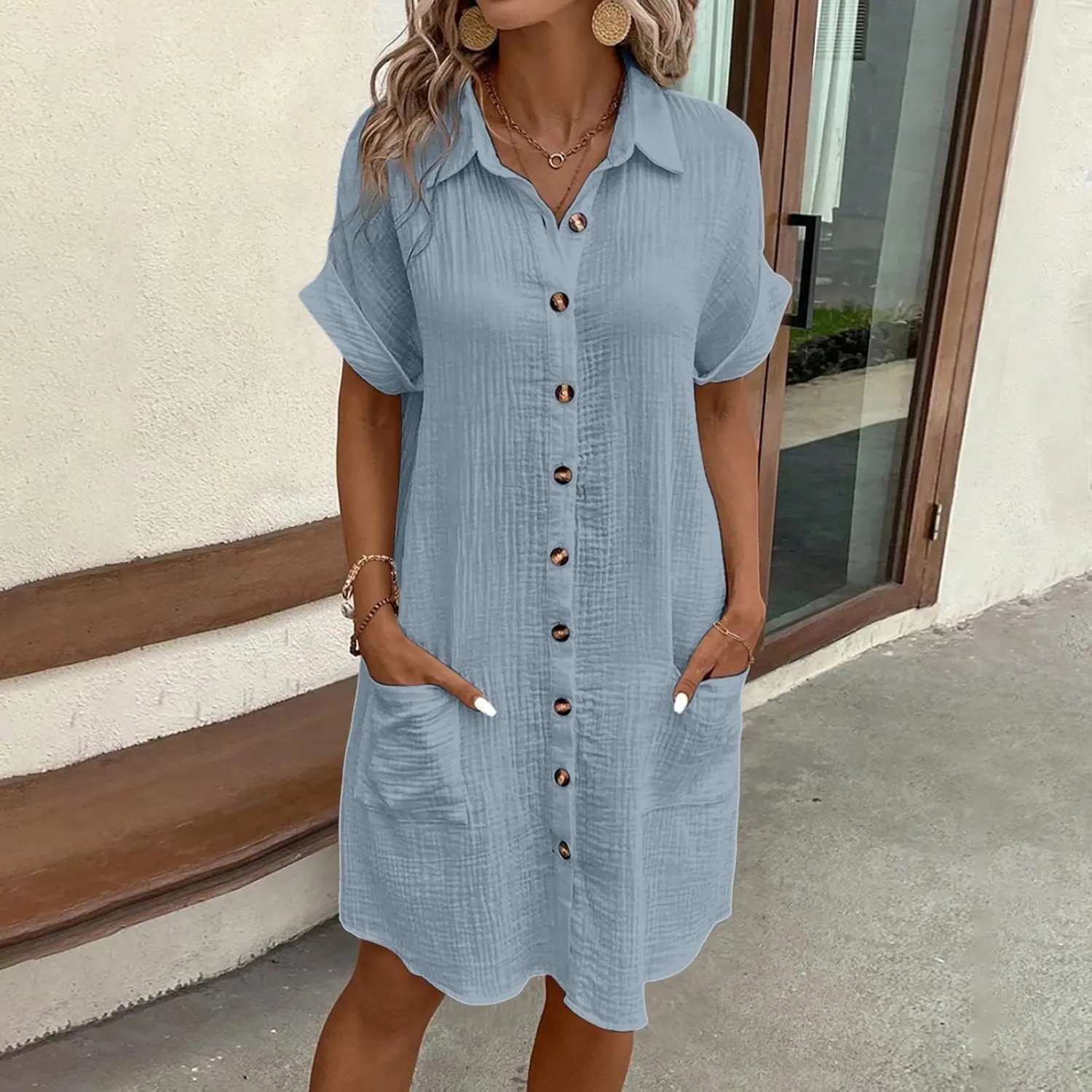 Womens Button Down Shirt Dress Summer Cotton Linen V-Neck Mini Dress Casual Short Sleeve Loose Tunic Dresses