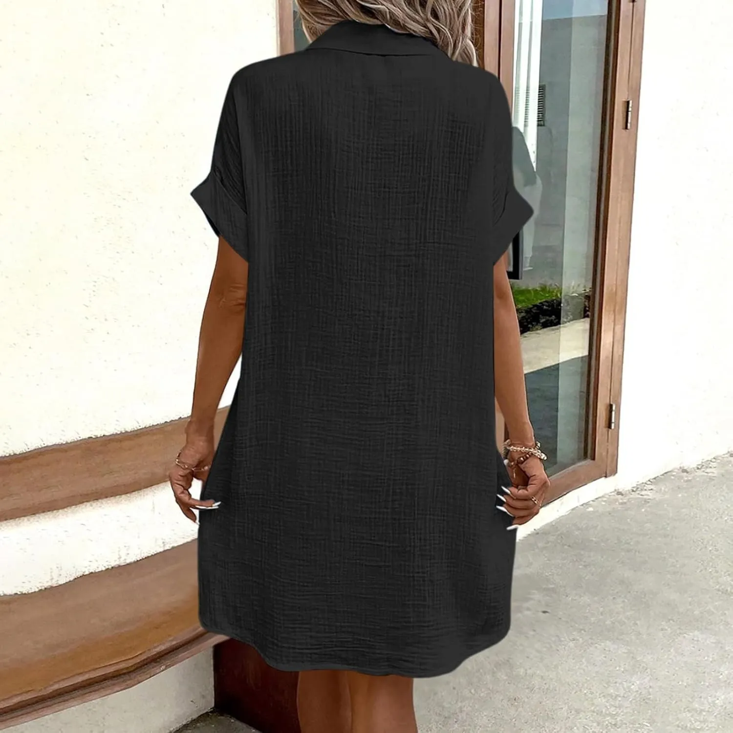 Womens Button Down Shirt Dress Summer Cotton Linen V-Neck Mini Dress Casual Short Sleeve Loose Tunic Dresses