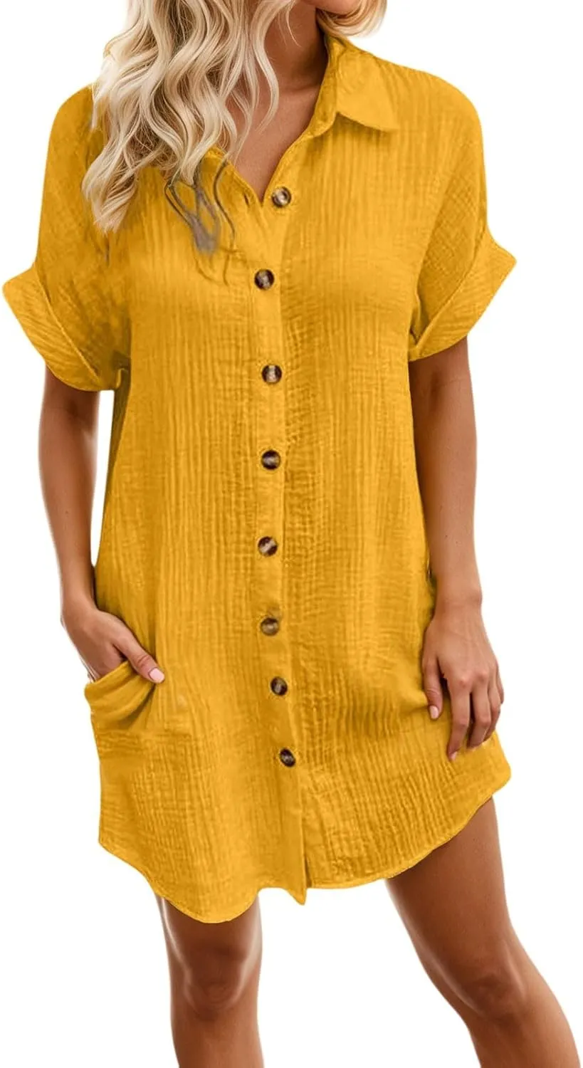 Womens Button Down Shirt Dress Summer Shorts Sleeve Cotton Linen Casual Midi Dress V-Neck Loose Tunic Dresses