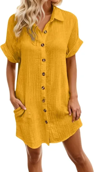 Womens Button Down Shirt Dress Summer Shorts Sleeve Cotton Linen Casual Midi Dress V-Neck Loose Tunic Dresses