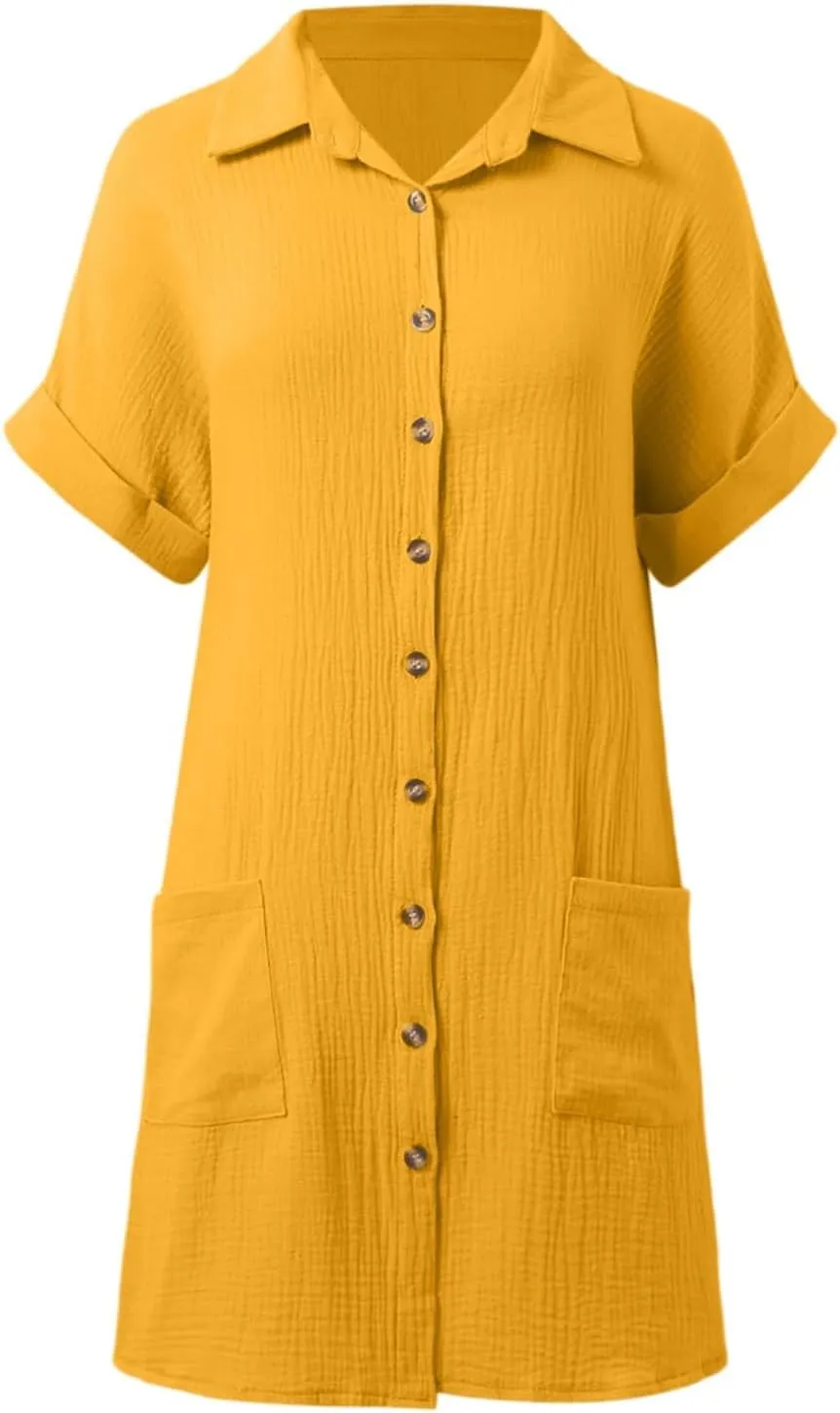 Womens Button Down Shirt Dress Summer Shorts Sleeve Cotton Linen Casual Midi Dress V-Neck Loose Tunic Dresses