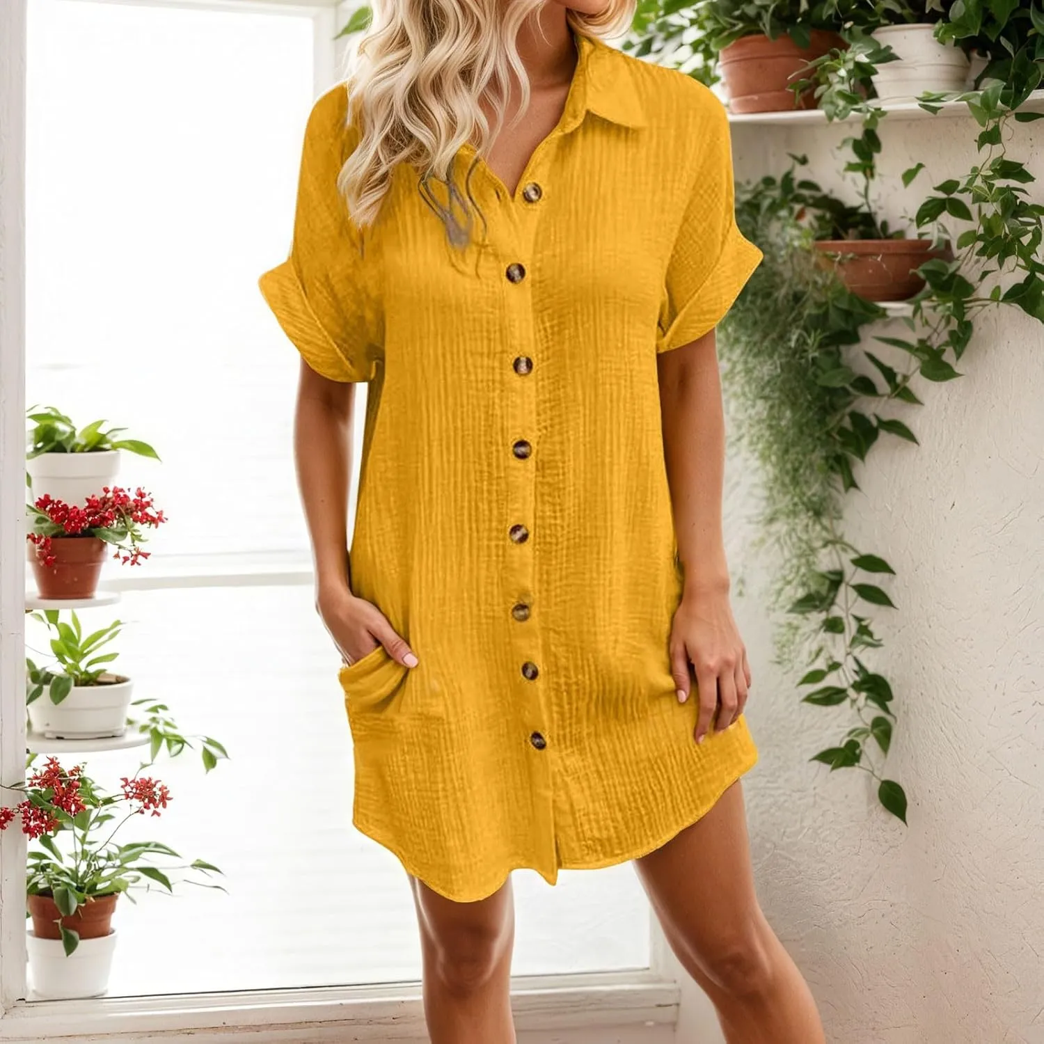 Womens Button Down Shirt Dress Summer Shorts Sleeve Cotton Linen Casual Midi Dress V-Neck Loose Tunic Dresses