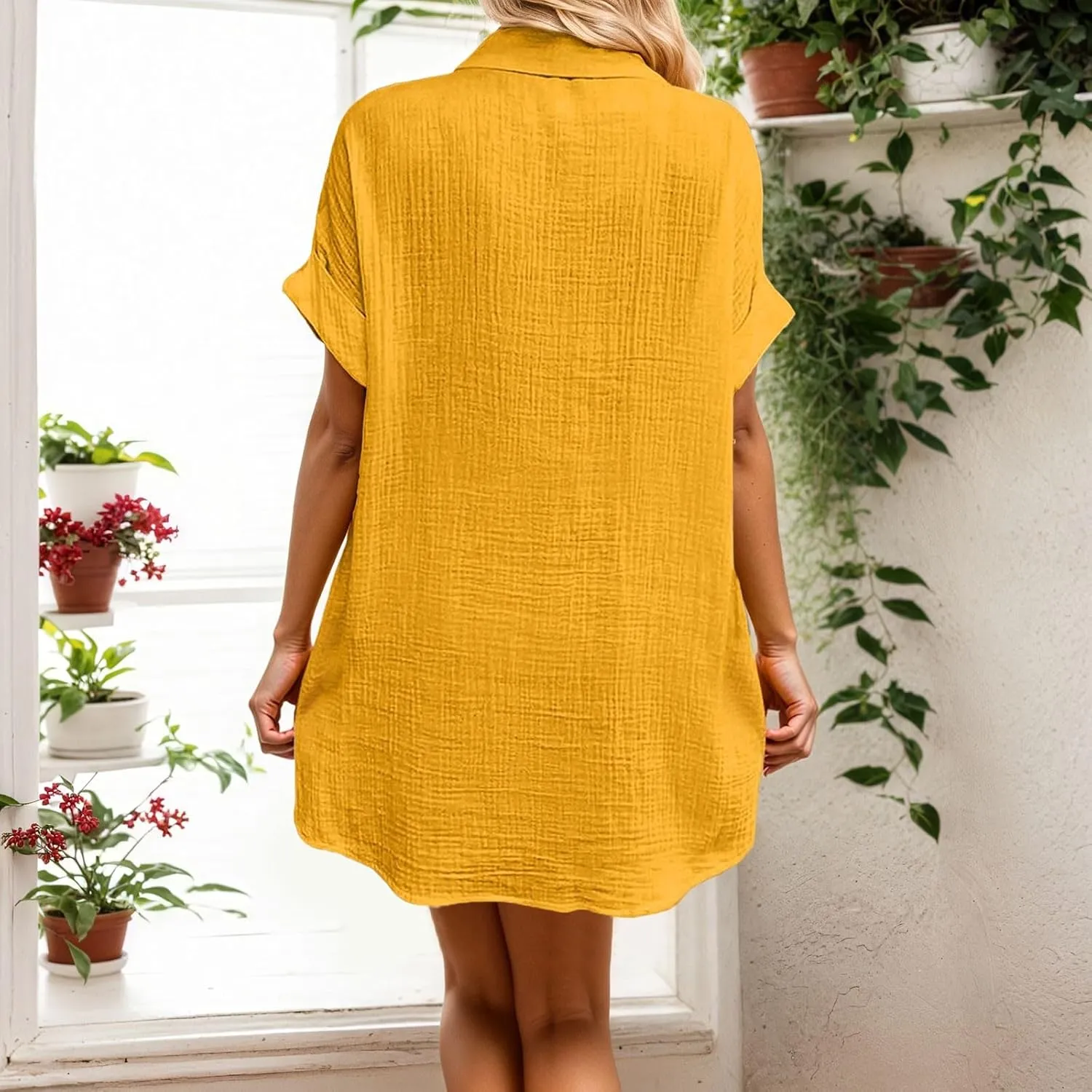 Womens Button Down Shirt Dress Summer Shorts Sleeve Cotton Linen Casual Midi Dress V-Neck Loose Tunic Dresses