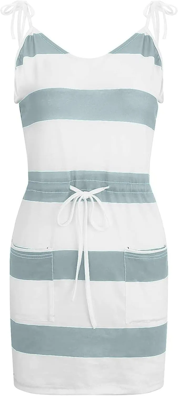 Women's Casual Dresses 2025 Summer Vacation A-Line Stripes Mini Dresses V-Neck Sleeveless Mini Dresses with Pockets