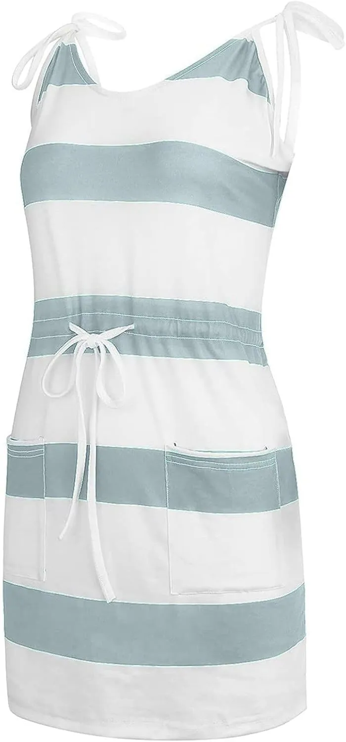 Women's Casual Dresses 2025 Summer Vacation A-Line Stripes Mini Dresses V-Neck Sleeveless Mini Dresses with Pockets