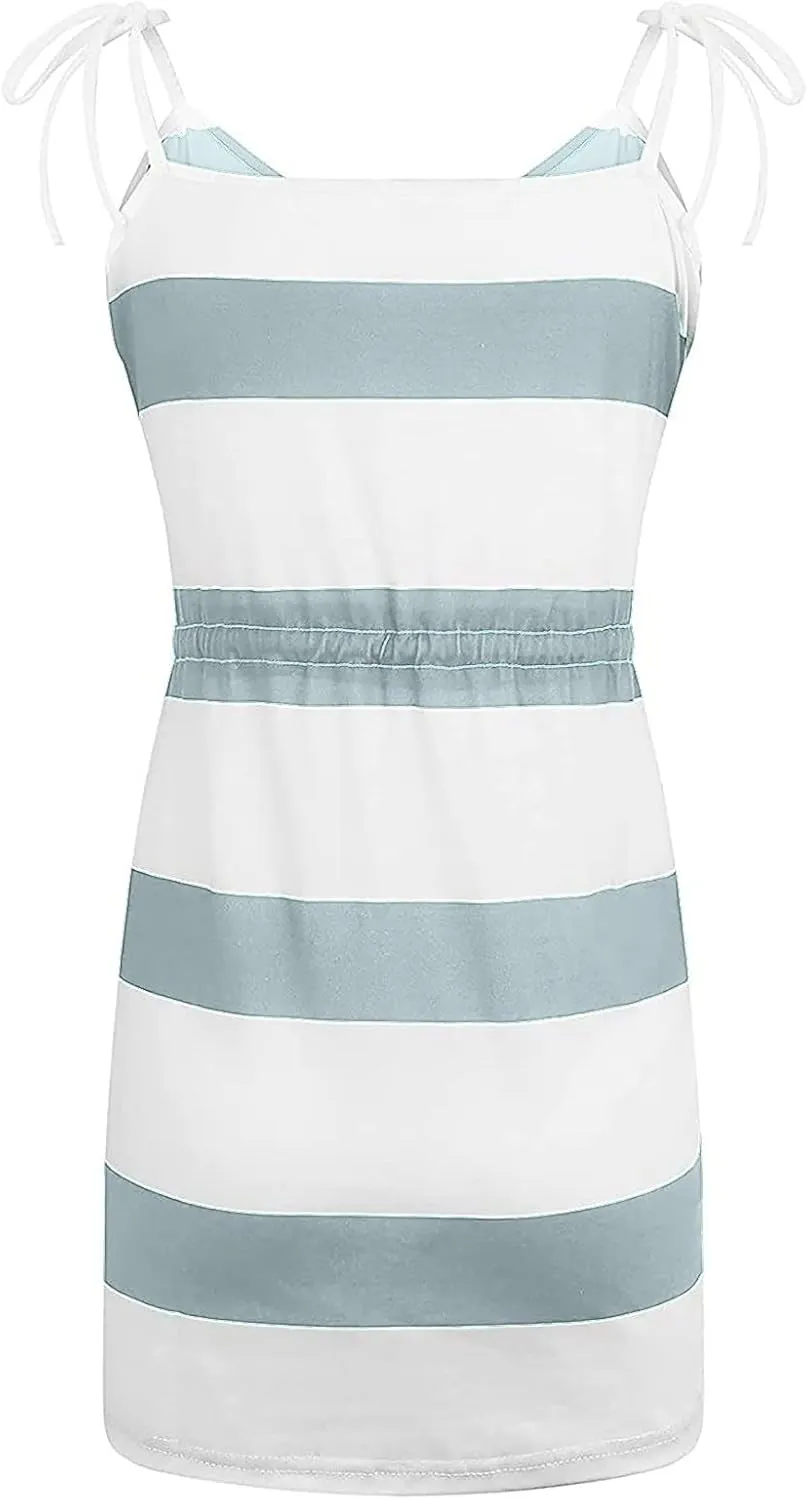 Women's Casual Dresses 2025 Summer Vacation A-Line Stripes Mini Dresses V-Neck Sleeveless Mini Dresses with Pockets