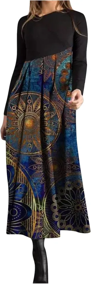 Women's Casual Dresses Plus Size Color Block Long Sleeve Dress Loose Fit Boho Floral Print Flowy Swing Maxi Dress