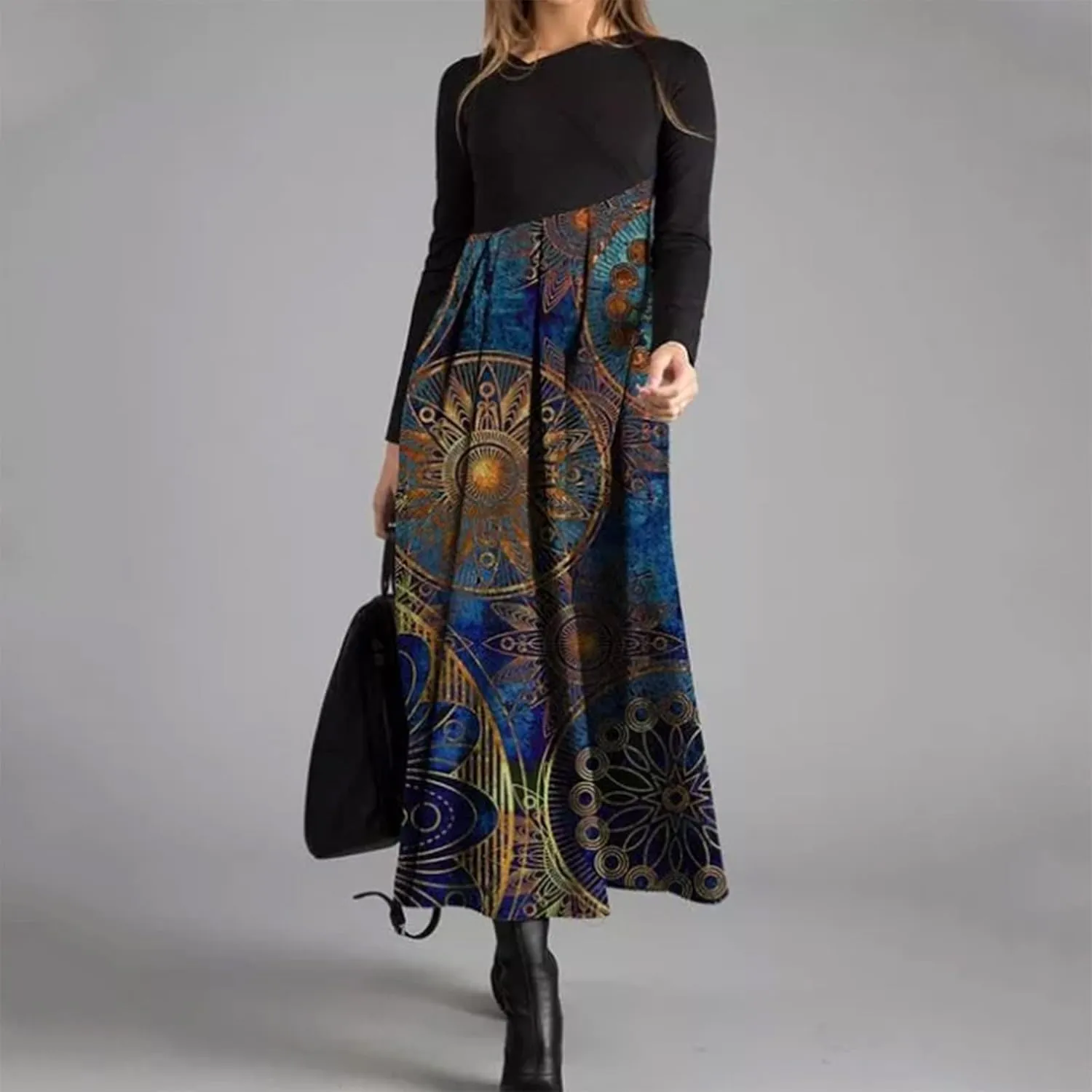 Women's Casual Dresses Plus Size Color Block Long Sleeve Dress Loose Fit Boho Floral Print Flowy Swing Maxi Dress
