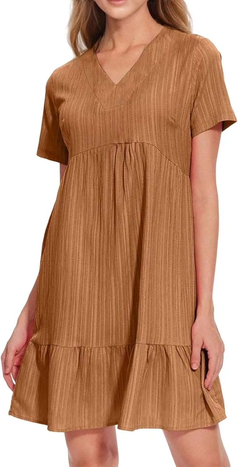Womens Casual Dresses Summer Short Sleeve V Neck Mini Dress Flowy Loose Shift Tiered Dresses Beach Vacation Sundress
