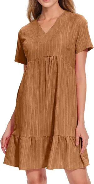 Womens Casual Dresses Summer Short Sleeve V Neck Mini Dress Flowy Loose Shift Tiered Dresses Beach Vacation Sundress