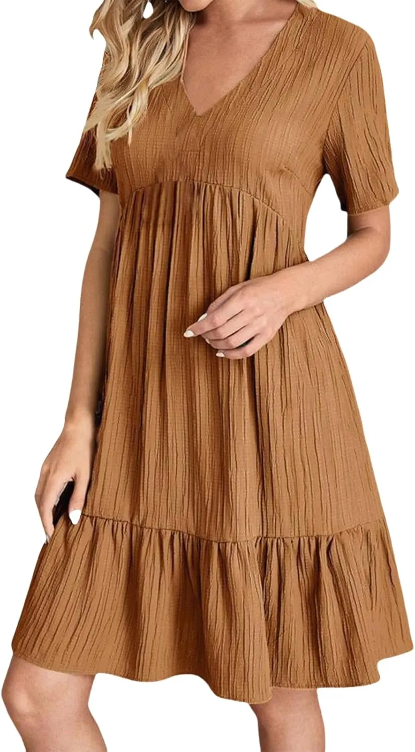 Womens Casual Dresses Summer Short Sleeve V Neck Mini Dress Flowy Loose Shift Tiered Dresses Beach Vacation Sundress