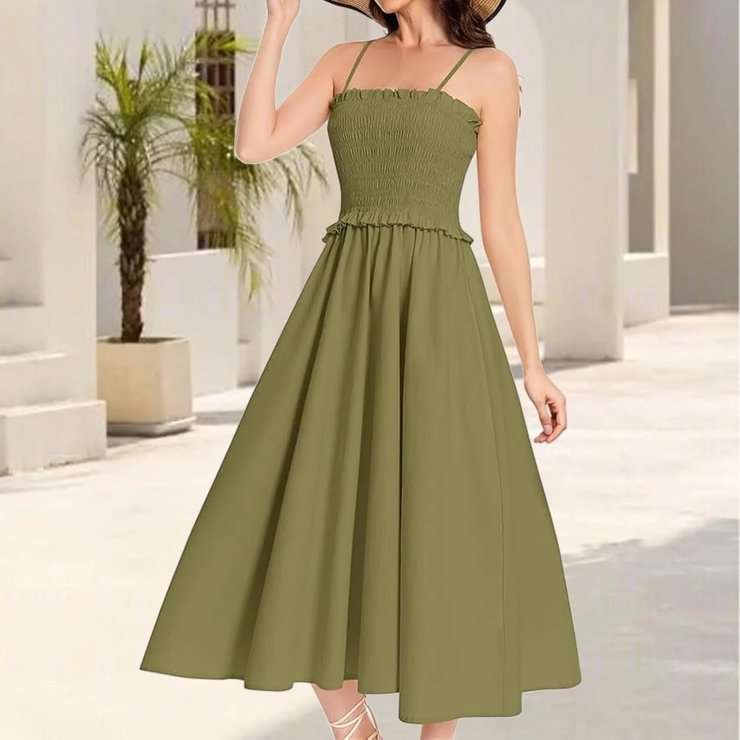 Womens Casual Dresses Summer Sleeveless Spaghetti Strap Maxi Dress Trendy Pleated Backless Ruffle Hem Tunic Dresses