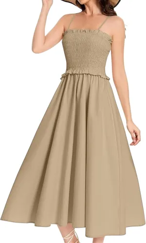 Womens Casual Dresses Summer Sleeveless Spaghetti Strap Maxi Dress Trendy Pleated Backless Ruffle Hem Tunic Dresses