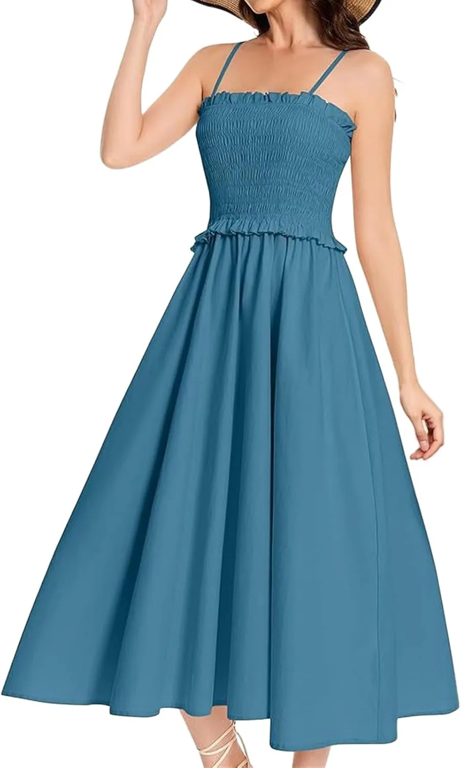 Womens Casual Dresses Summer Sleeveless Spaghetti Strap Maxi Dress Trendy Pleated Backless Ruffle Hem Tunic Dresses