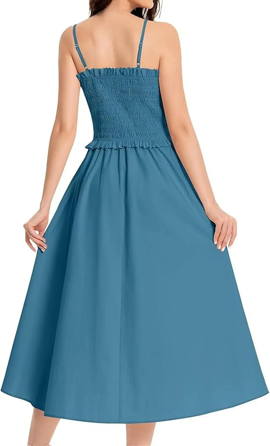Womens Casual Dresses Summer Sleeveless Spaghetti Strap Maxi Dress Trendy Pleated Backless Ruffle Hem Tunic Dresses