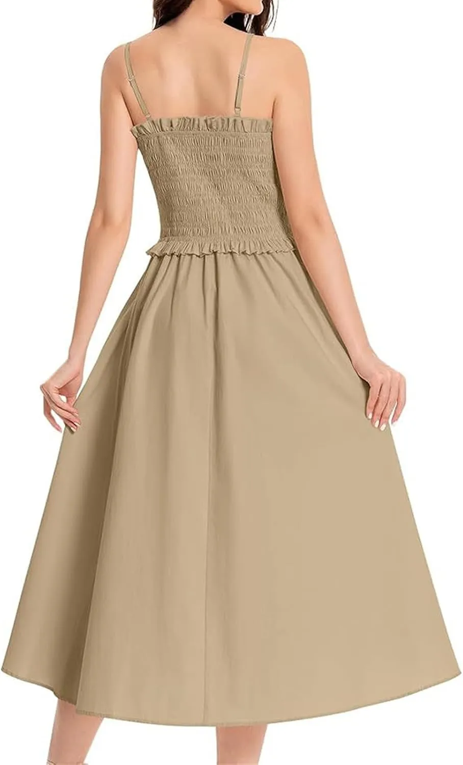 Womens Casual Dresses Summer Sleeveless Spaghetti Strap Maxi Dress Trendy Pleated Backless Ruffle Hem Tunic Dresses