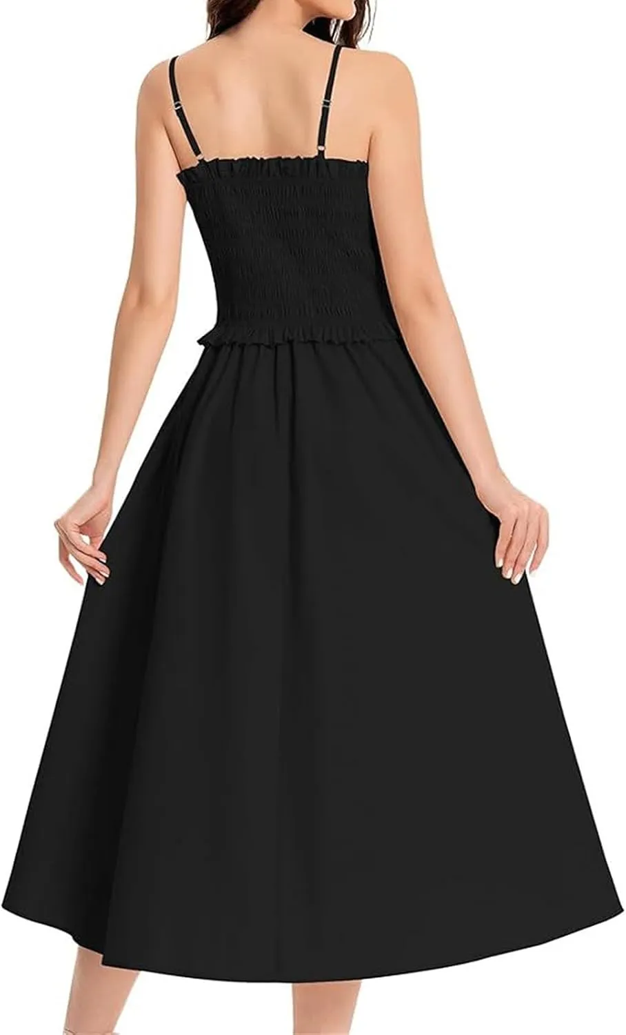 Womens Casual Dresses Summer Sleeveless Spaghetti Strap Maxi Dress Trendy Pleated Backless Ruffle Hem Tunic Dresses