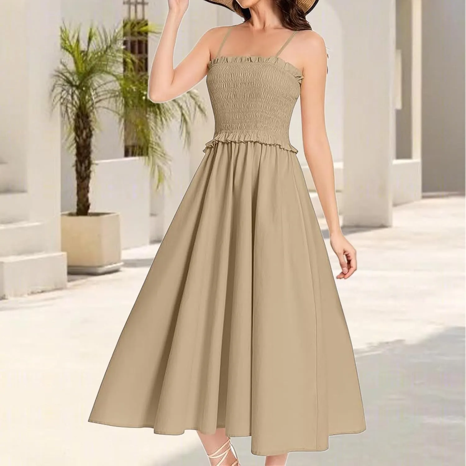 Womens Casual Dresses Summer Sleeveless Spaghetti Strap Maxi Dress Trendy Pleated Backless Ruffle Hem Tunic Dresses