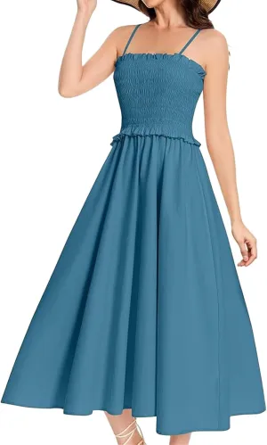 Womens Casual Dresses Summer Sleeveless Spaghetti Strap Maxi Dress Trendy Pleated Backless Ruffle Hem Tunic Dresses
